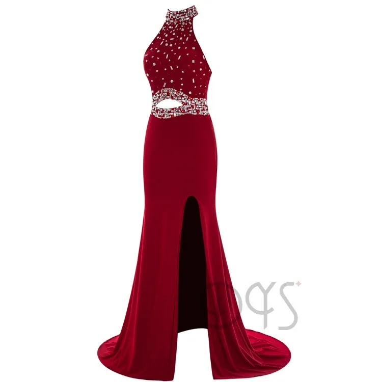 2018 Sexy Heavy Beaded Halter Open Leg Split Long Red Prom Dress For 7462