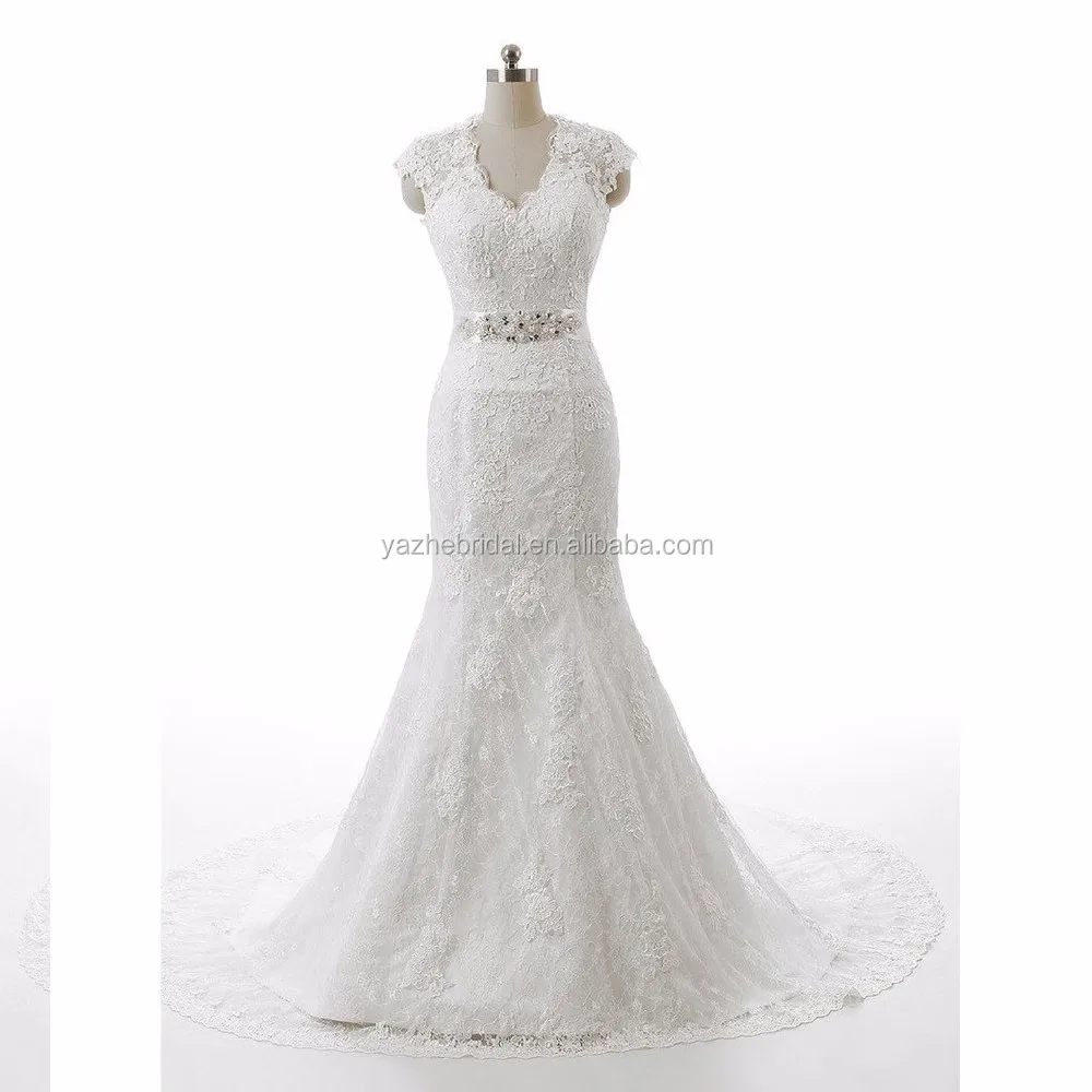 Top Sale Queen Anne Neck Lace Applique Designer Trumpet Bridal