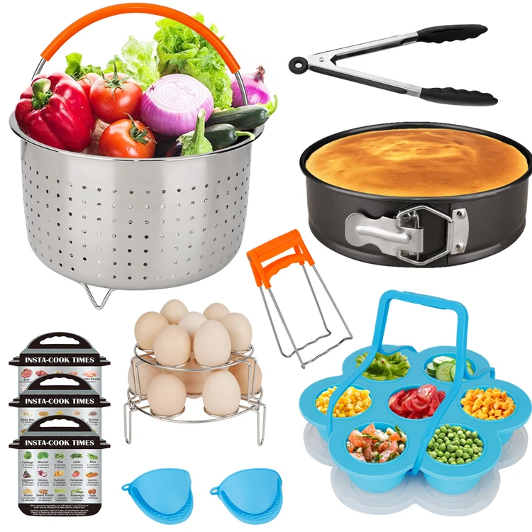 Kitchen Tongs，Cup Cake Molds， Egg Mold Egg Rack Non-stick Spring form Pan Instant Pot Accessories,Pack of 11，Pressure Cooker Accessories for 6,8 Qt with Free EBOOK,Stainless Steel Basket 