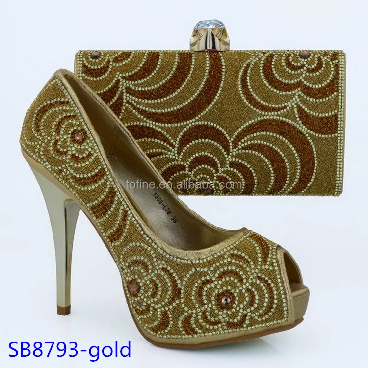 gold shoes and matching handbag