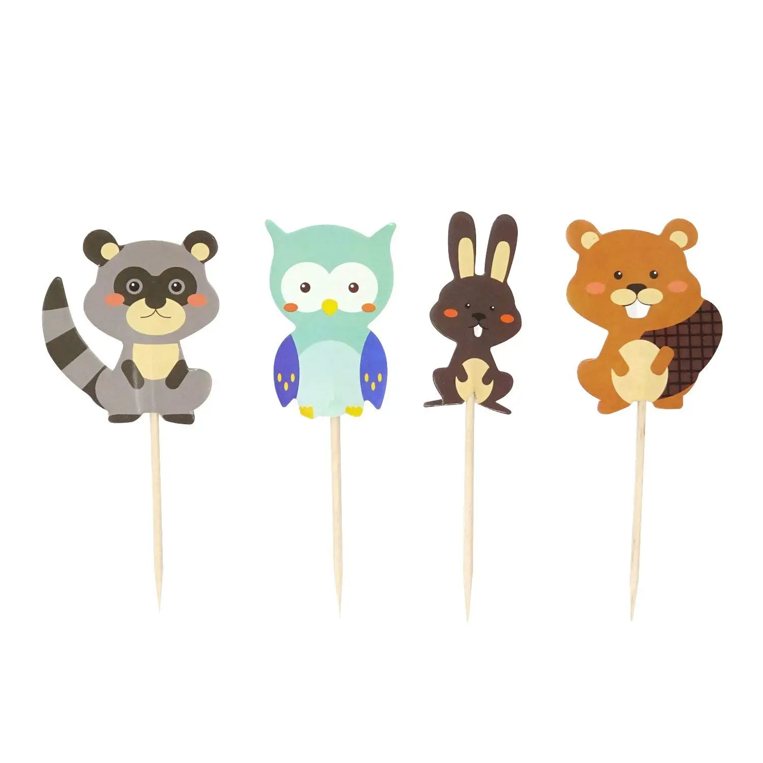 Honbay 48PCS Cute Woodland Creatures Theme Dessert Muffin Cake Cupcake Toppers Picks Forest Animal Friends Cake Decoration,Rabbit, Squirrel, Racoon and Owl