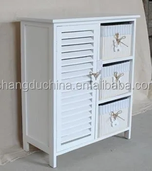 3 Drawers White Wood Storage Cabinet Wooden Cabinet With Baskets