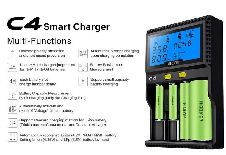 4-Slot Smart LCD Battery Charger Discharge Recharge Li-ion Ni-NH Ni-Cd AAA 18650 