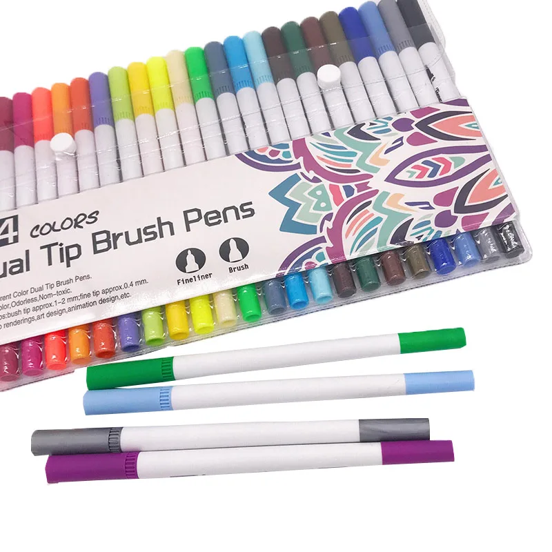Watercolor Brush Art Marker 24pcs 0.4-2mm Coloring Pens Dual Tip Fineliner Felt 