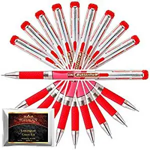 Cello Butterflow Red Pen Smooth Fine Writing 0.6 mm Tip + TeaLegacy Free Sampler (10 Ball Point Pens) Exam Series Write Long Time In School & College Low Pressure High Volume Elastic Grip