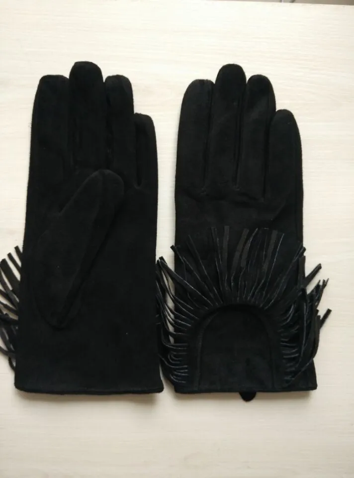 women fashion fringed sheep suede leather gloves with tassel