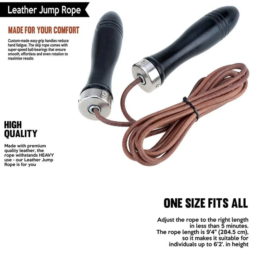 Jump Skipping Rope Leather Handle Adjustable 3 Metre Cable Fitness Cardio Skip