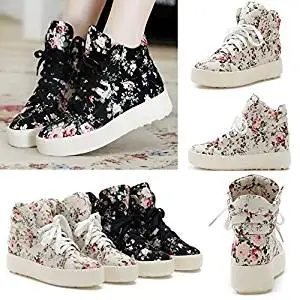 Anminlink Fashion Girls Floral Boots High Heels Platform Canvas Joker Shoes White 39