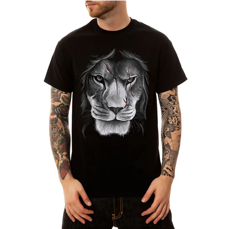 Summer Custom Fat Loose-trend Lion Head T-shirt Wholesale 100% Cotton Black T shirt Men