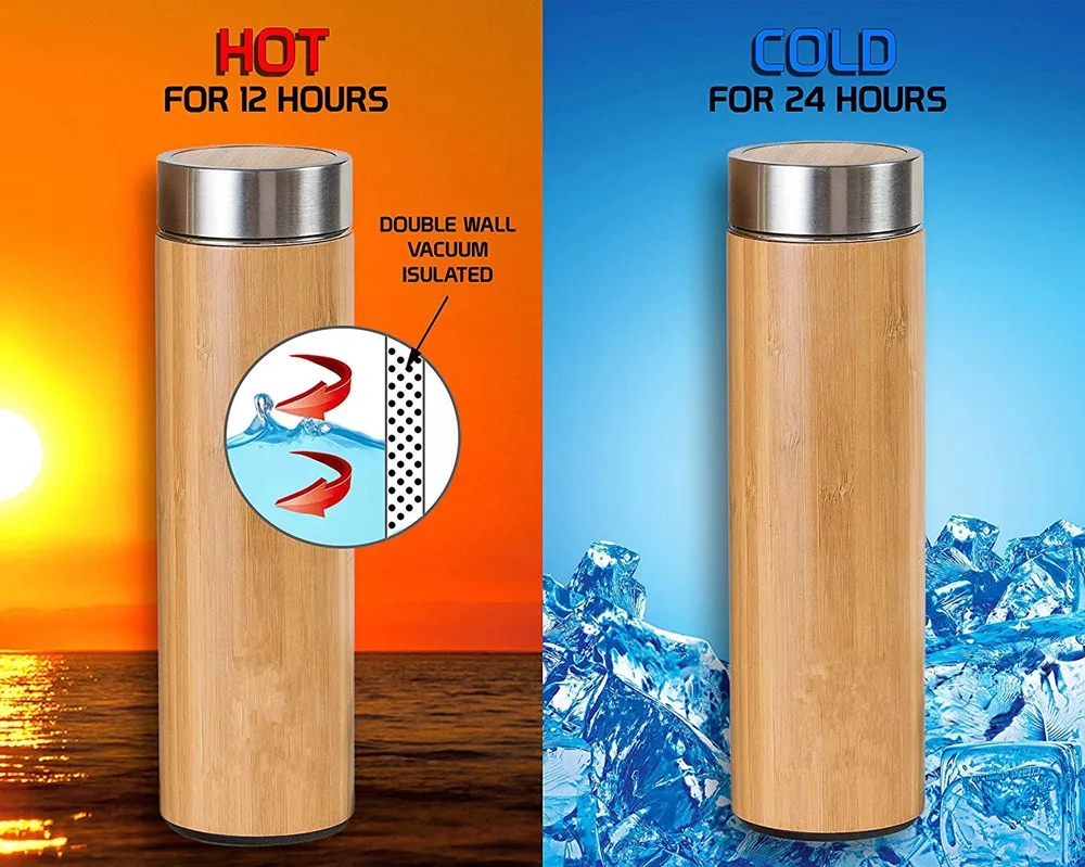 Private Label 500ml Stainless Steel Bamboo Water Bottle 18/8 Bamboo Tea Infuser Bottle Tumbler for Gift