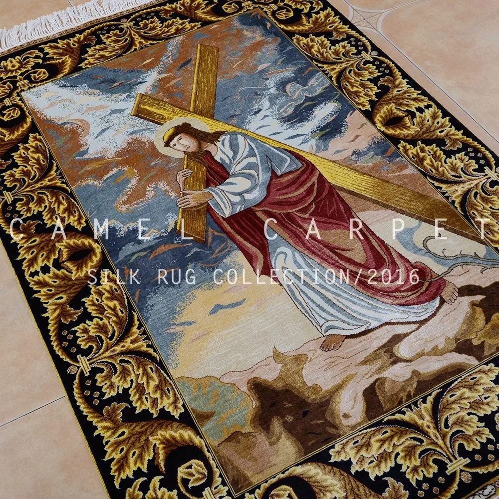 Pictorial Persian Carpet Jesus And Cross Design Hand Knotted 100 Silk