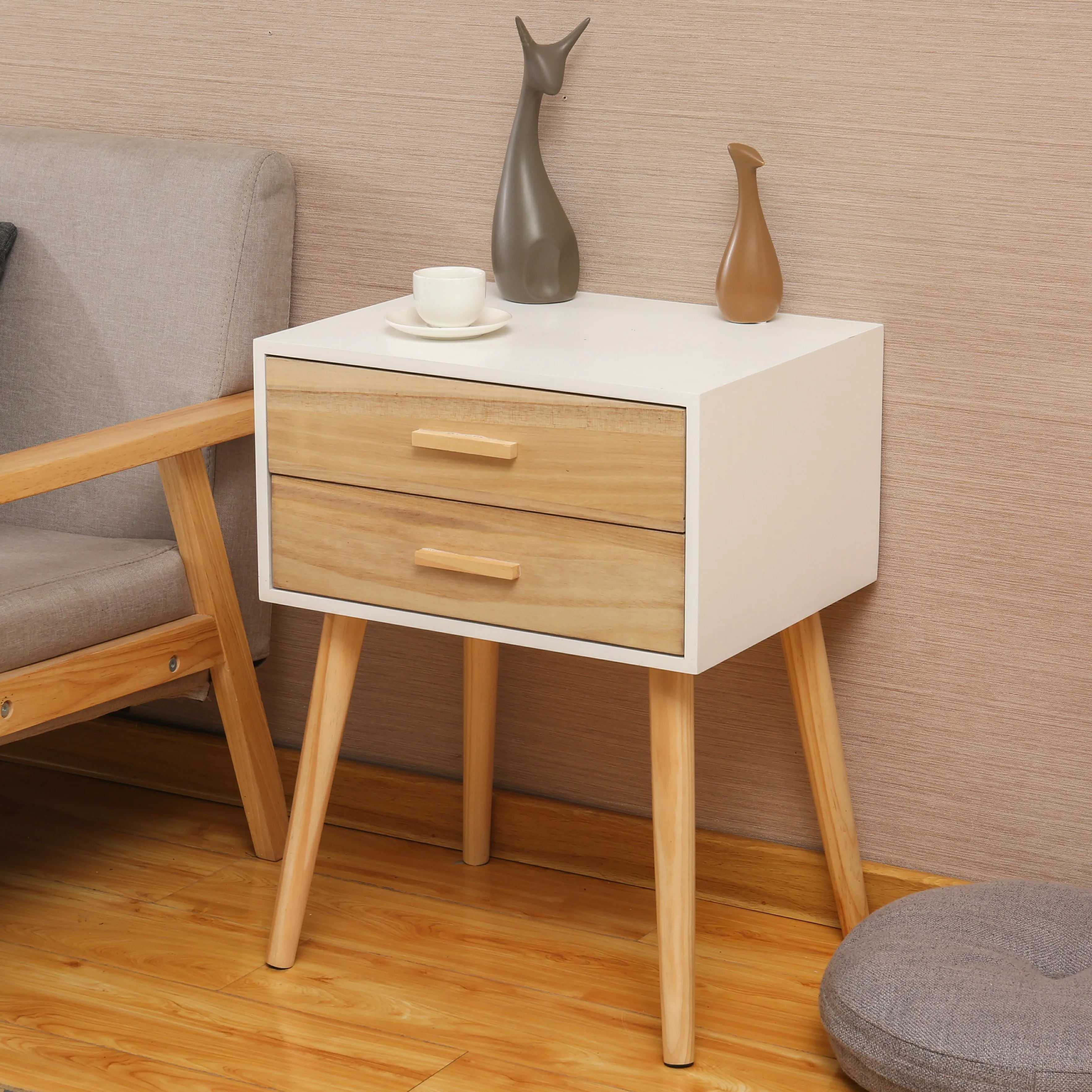 White Solid Wood Nightstand With Natural Leg For Bedroom - Buy Bedroom ...