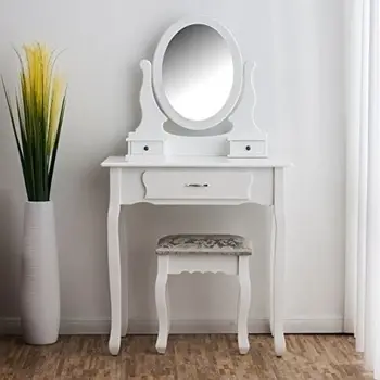 Small White Dressing Table Set Mirror Stool Vintage Makeup Bedroom