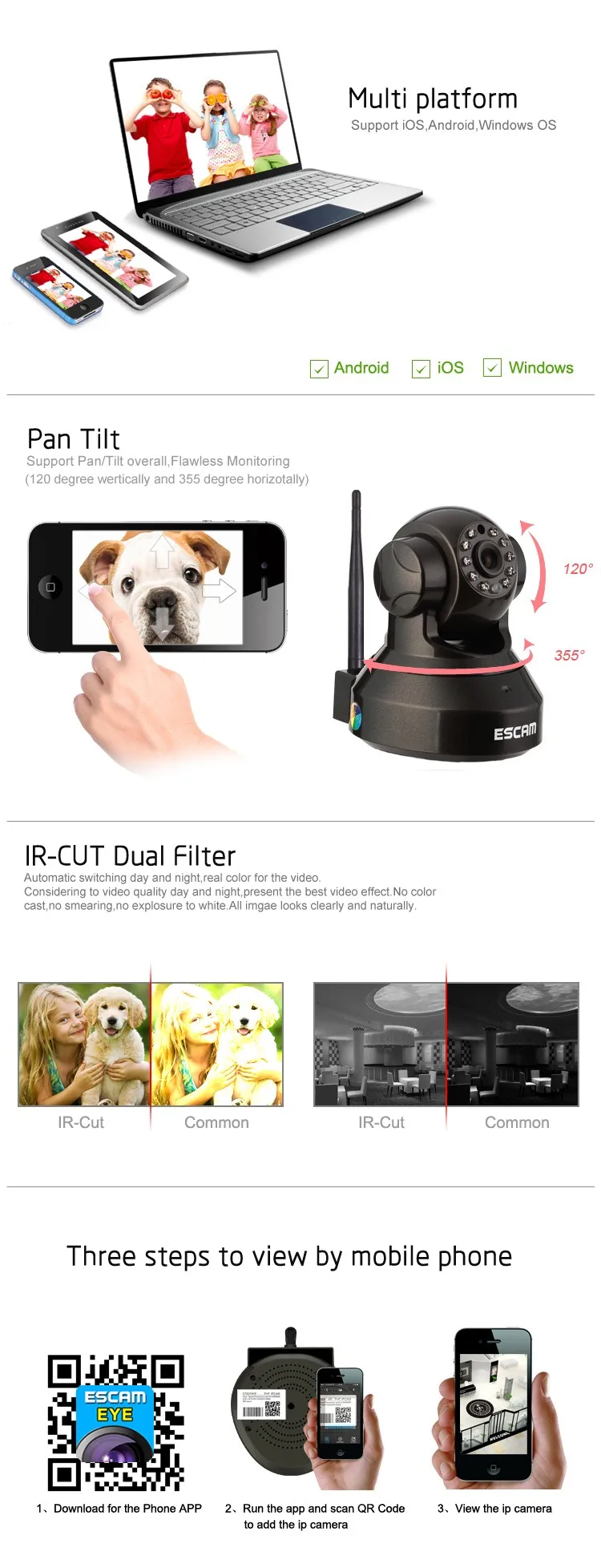 ESCAM QF100 Pearl 720P Mega Pixel P2P WIFI IR PT Network Camera
