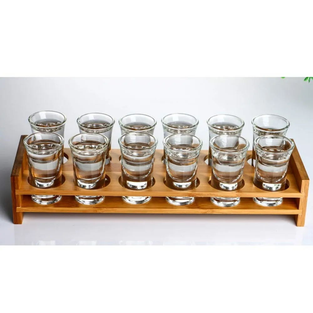 Barware Party Use Premium Bamboo Shot Glass Holder Rack With 12 Crystal