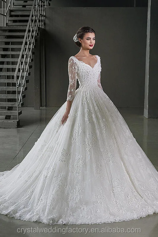 Backless Elegant Alibaba White Long Sleeve Ball Gown Lace Wedding ...