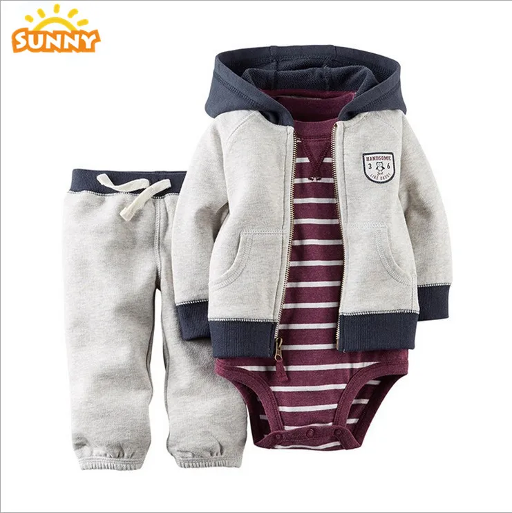 Infant Baby Boys Hooded 2 PcsSweatshirt Long Sleeve Grey Stripe Pullover T-Shirt Top+Long Pants Outfits 0-18M