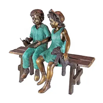 Bronze Two Kids Sitting On Bench Statue - Buy Bronze Boy And Girl ...