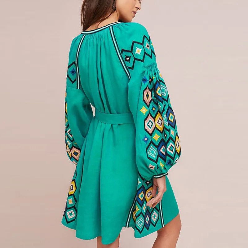 Embroidered Peasant Dress Mini Silhouette Causal Striped Figure