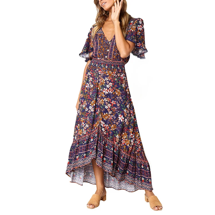 2019 Summer Women Maxi Noble Sapphire Blue Floral Print Front Button Bohemian Beach Dress