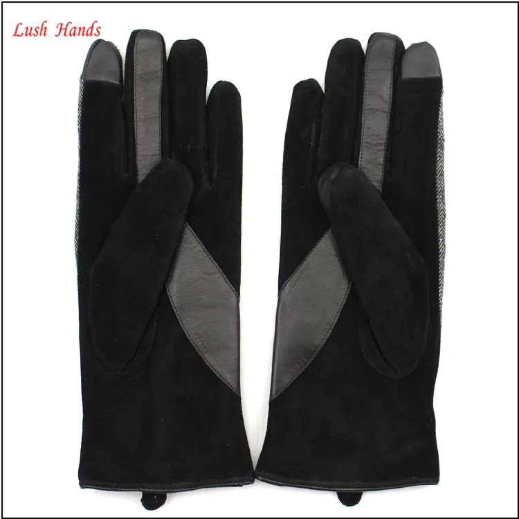 ladies fashion fabric and sheepsuede touch screen leather gloves