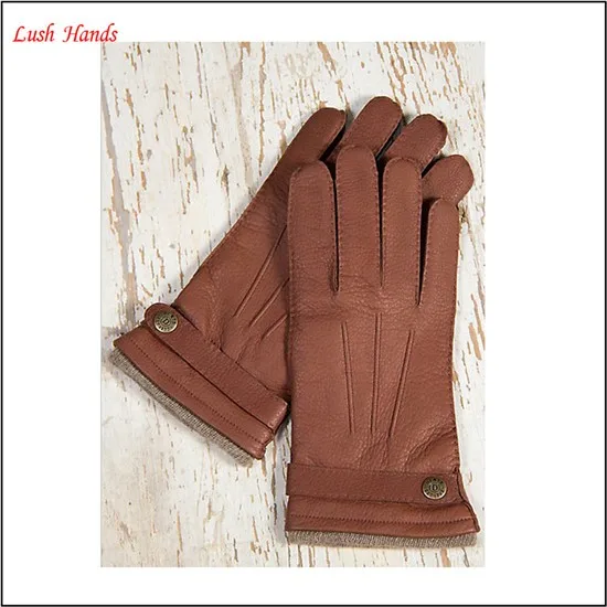 2016 Men's brown buckskin leather gloves with buttons