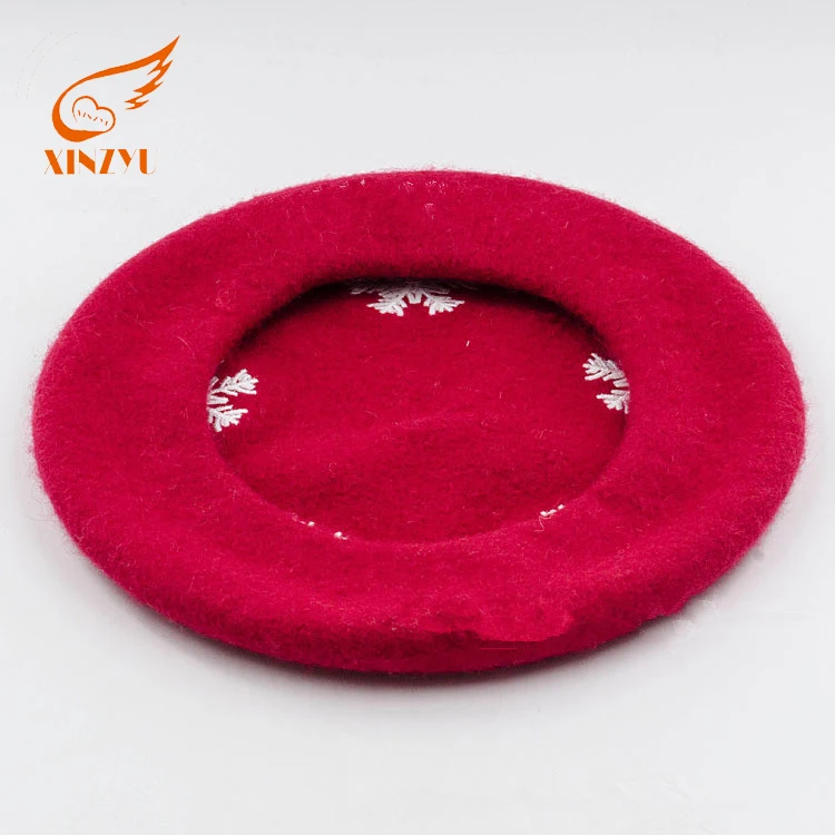 Classic Ladies Red Beret Hat Fashionable Snowflake Embroidered Girls Winter Hat for Christmas