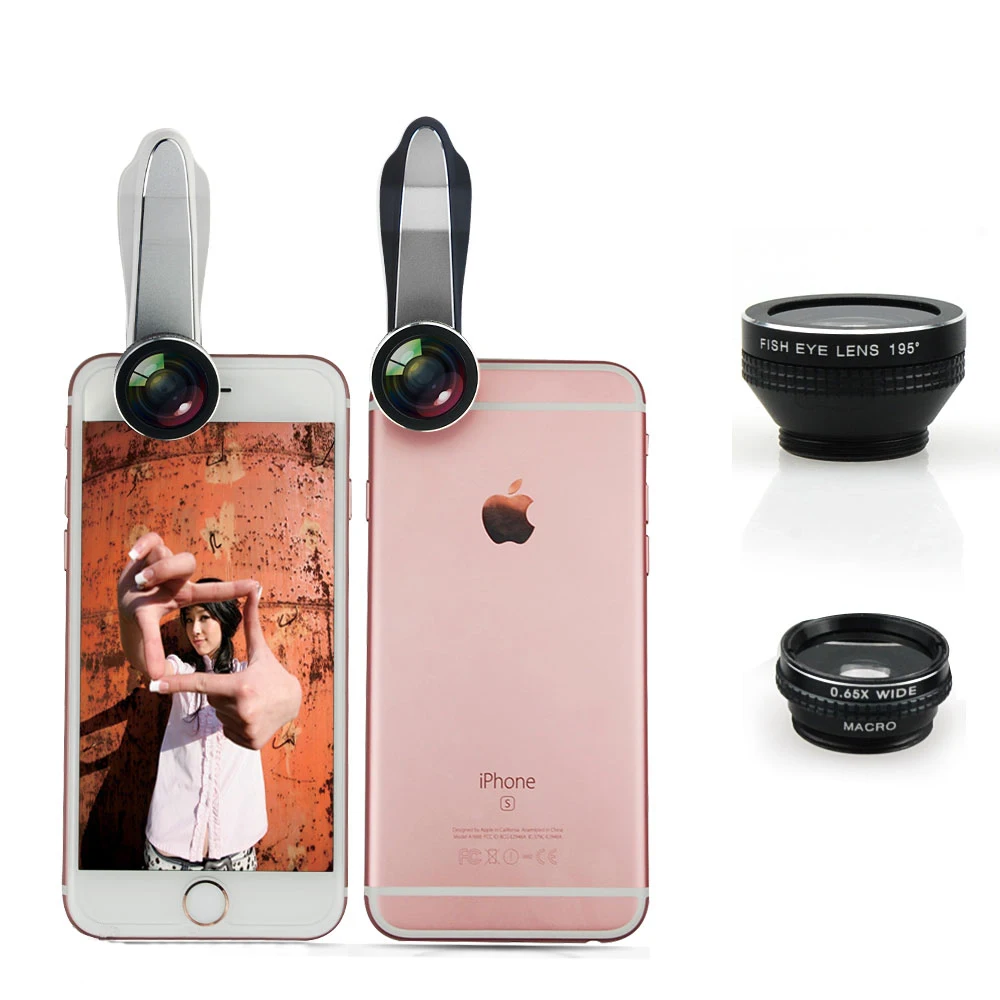 195 Fisheye+wide Angle+macro Lens Photo Camera Kit 3 In1 Smartphones
