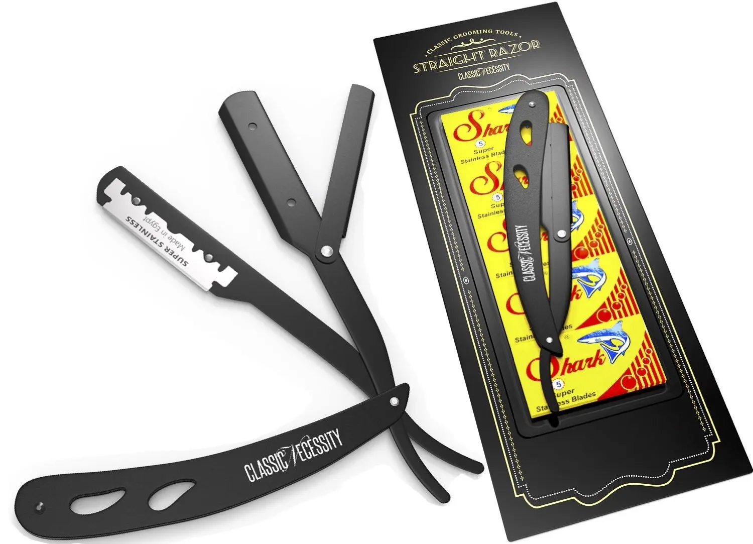 Straight Razor - Shaving Kit 100 Shark Razor Blades Single for Straight Edge Razor that break in 2 from 50 Double Edge Blades (100 Single Edge Blades + Straight Razor)