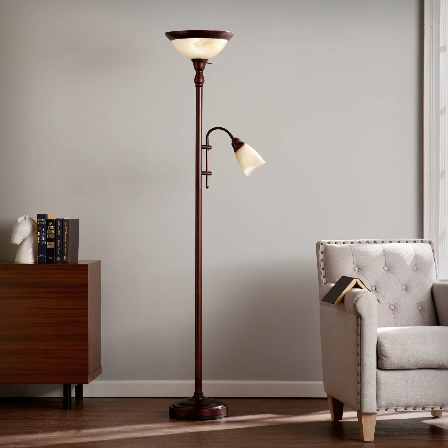 Clara Universal Brushed Antique Bronze with Frosted, Brushed Ivory Glass Steel Floor Lamp