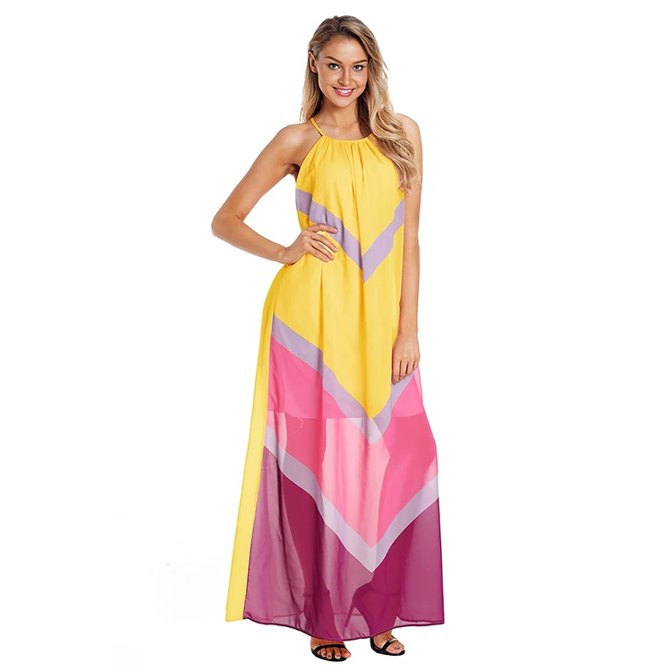 Ladies Flowing Chevron Color Block Halter Neck Alibaba Maxi Dress - Buy ...