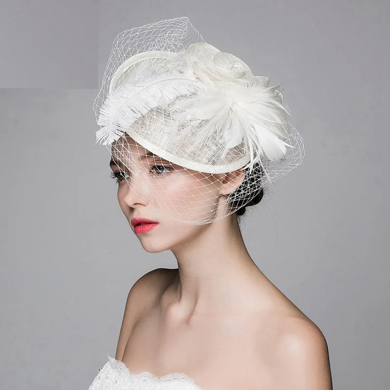 Fascinator Feather Cocktail Bridal Headwear Hat Hair Clip Women Party in White