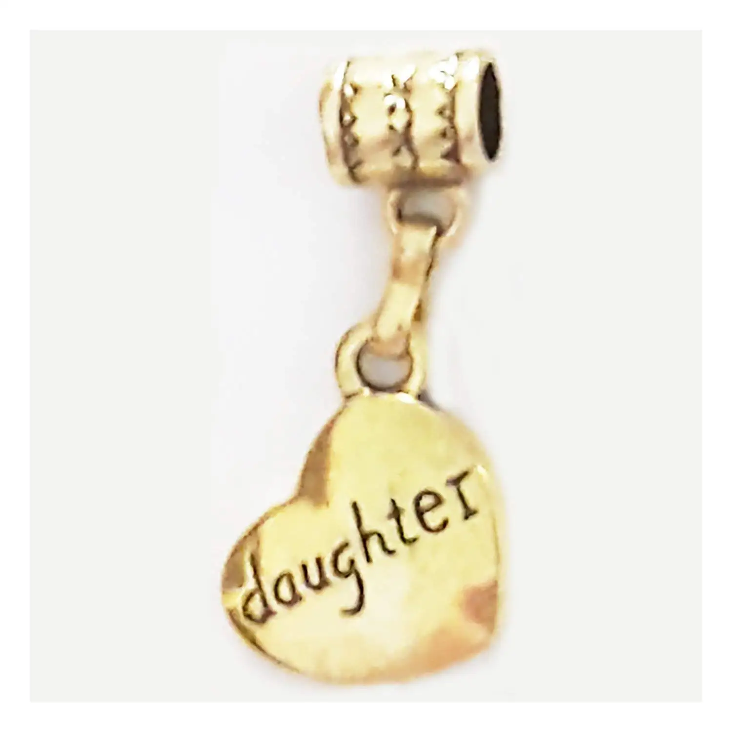 "Daughter" Gold-Plated Heart-shaped Hanging charm by Mossy Cabin for modern large hole snake chain charm bracelets, or add to a neck chain, pendant necklace or key chain