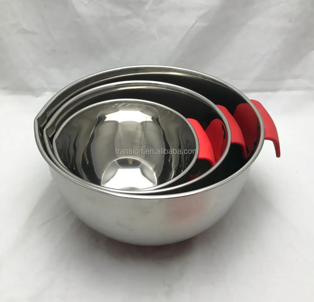 16 20 24cm 3pcs Set Stainless Steel Mixing Bowl With Silicone Base With Handle And Measuring