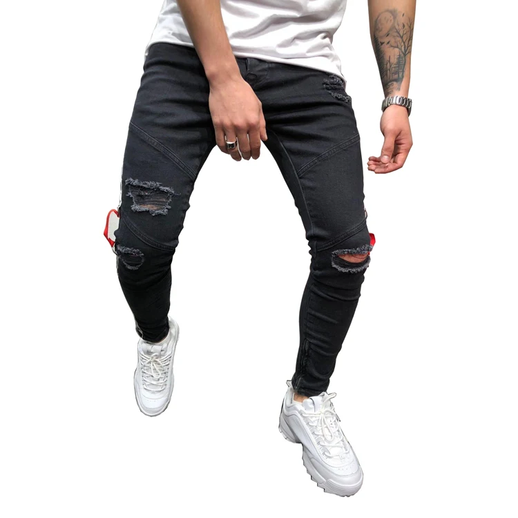 2019 Men Streetwear Ripped Jeans New Fashion Hip Hop Side Striped Jeans Fitted Bottoms Zipper Men Jeans Trouser!