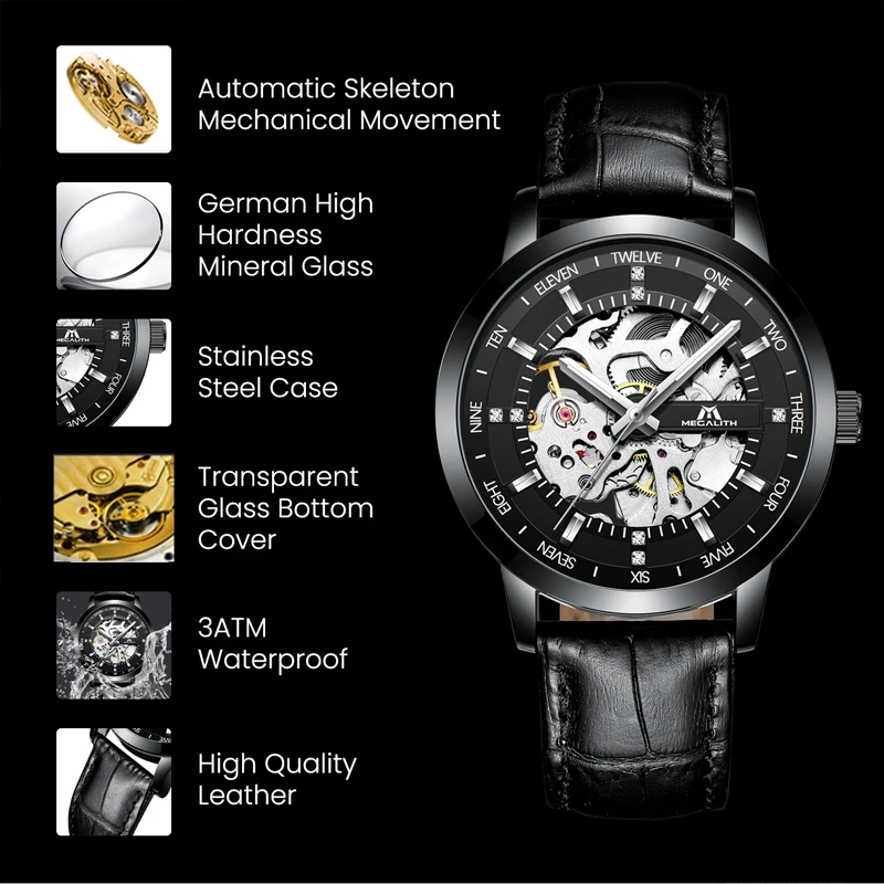 MEGALITH  mens watches black band no battery mechanical movement wristwatches montre homme water resistant silver