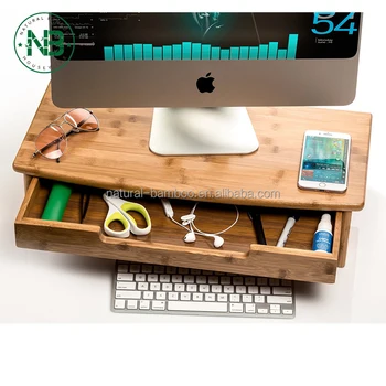 Natural Bamboo Monitor Stand Riser With Pull Out Drawer And