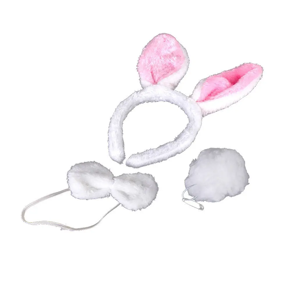 SODIAL(R)Halloween Plush Fluffy Rabbit Ears Hair Bands Bow Tie Tail Animal Bunny Costume Props Funny Dress Up Party Accessory Set White Pink