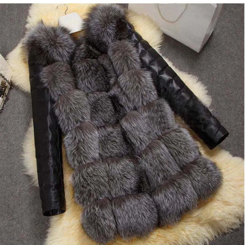 Fashionable winter coat women's thick artificial fox fur coat and PU sleeve women's fake leather jacket