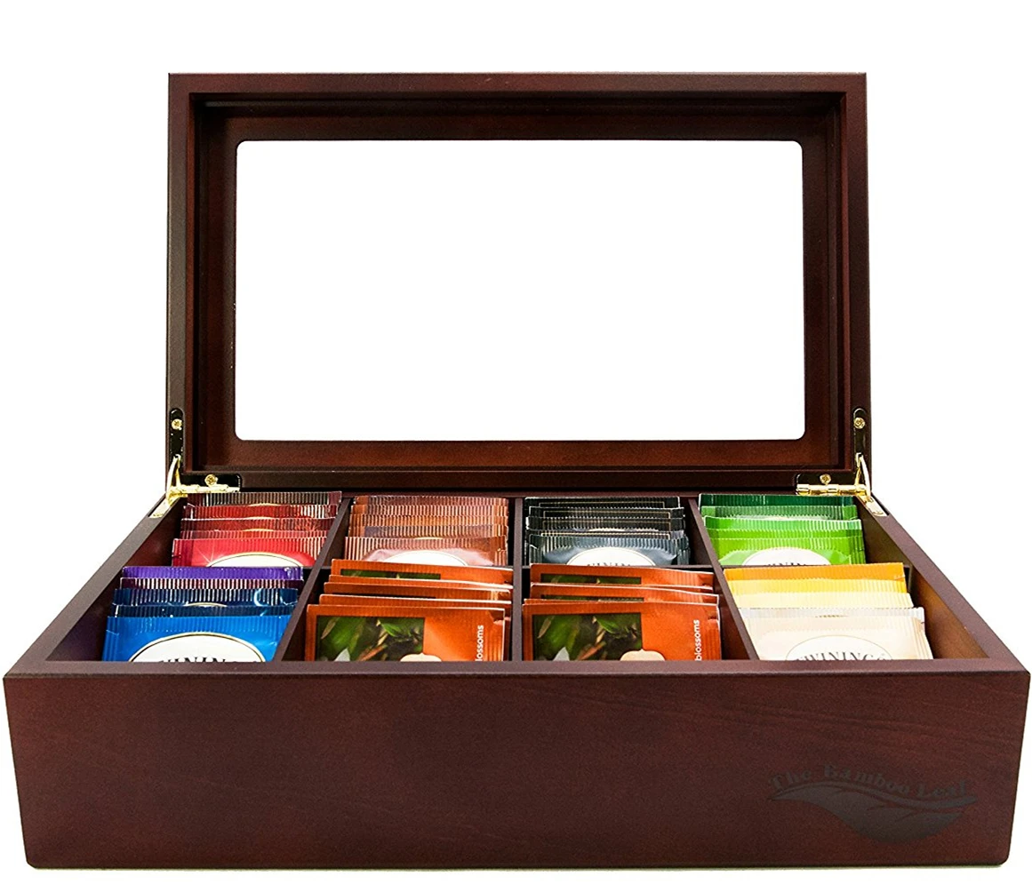 Wooden Tea Storage Chest Box With 8 Compartments And Glass Window Buy