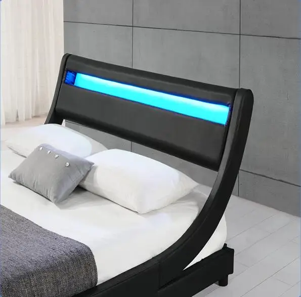 Shaped Modern Design Upholstered Pu Leather Double Bed With Led Light