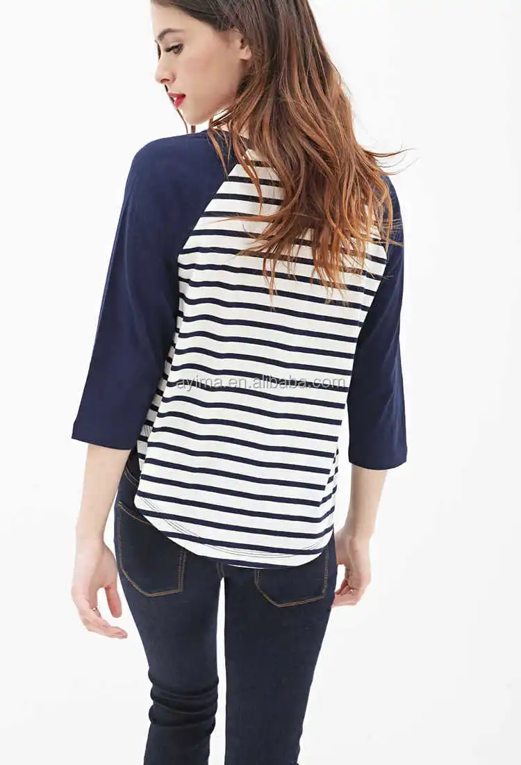 Oem Woman Baseball T Shirt Navy White Striped Raglan Three Quarters