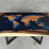 ,Modern Epoxy Resin Walnut Wood world map River Table with Steel Metal Legs