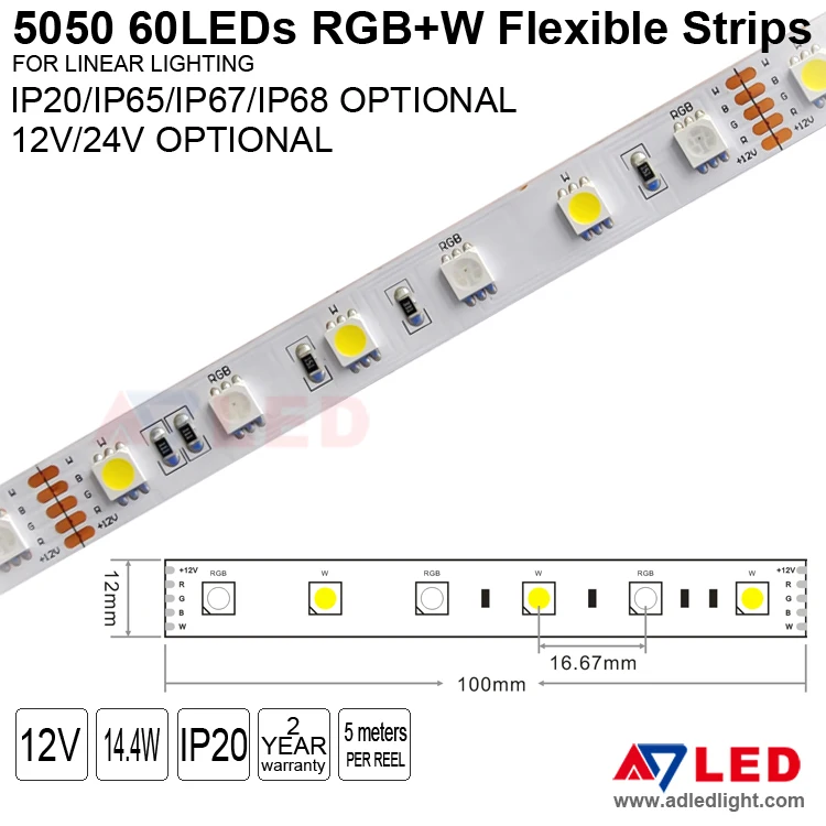 14.4 watt per meter smd 5050 24v RGB W/RGB+W color changing running led strip