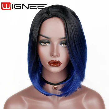 Short Bob Synthetic Wig Ombre Natural Black To Blue Skin Top Heat