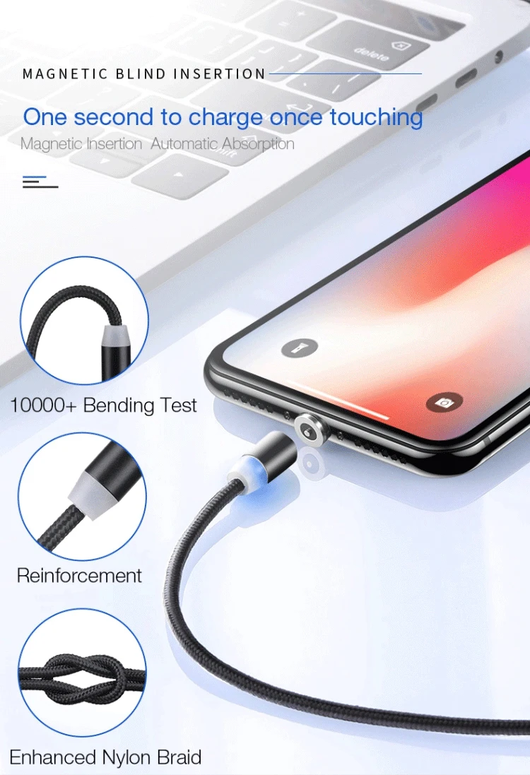 Hot sale 2.4A 3 in1 Nylon magnetic USB data line  charging USB cable for android and Type C and ios