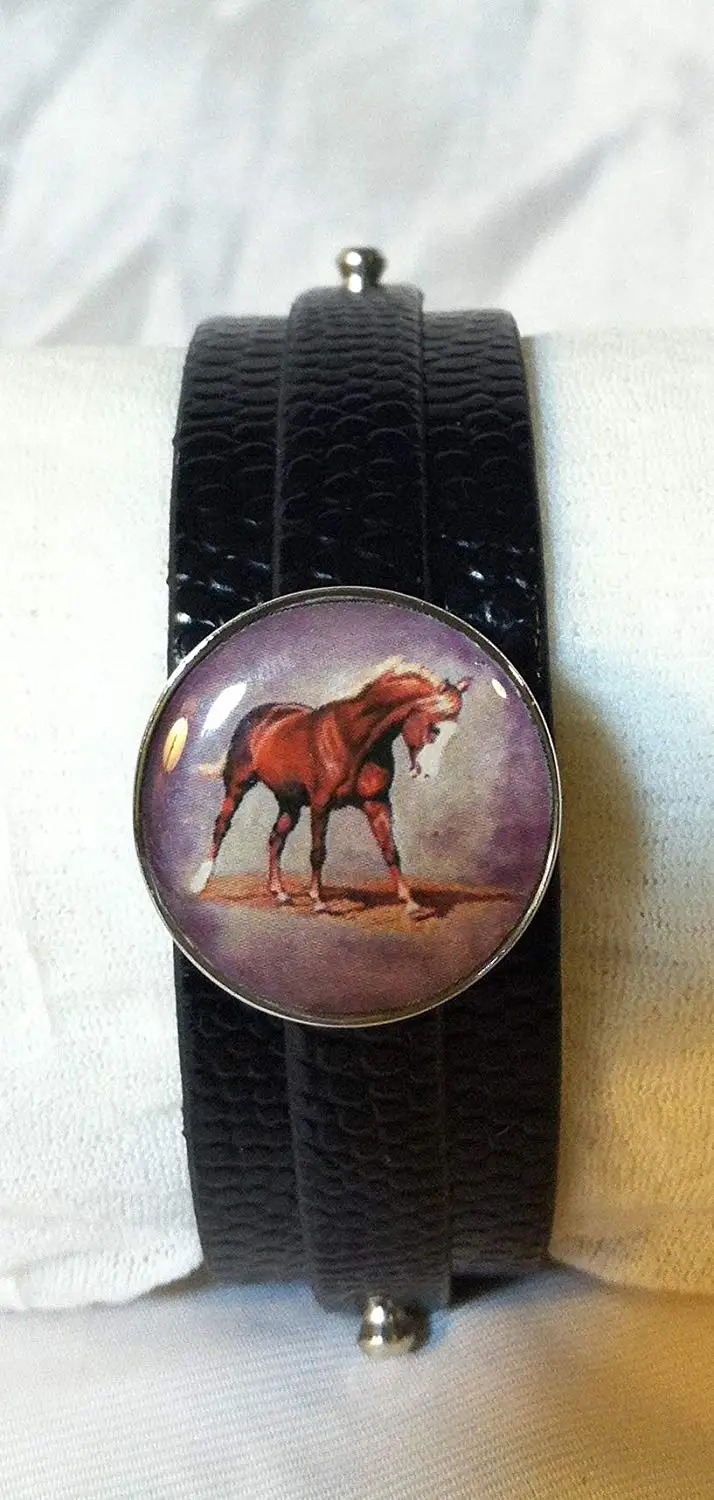 Leather SNAP BRACELET with HORSE SNAP Chestnut Horse Flaxen Mane and Tail 3 color choices SOME WITH BUBBLES!