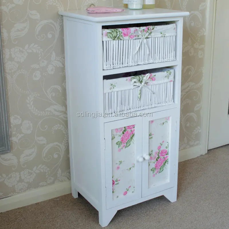 White Floral Wicker Basket Storage Cabinet Unit With Cupboard