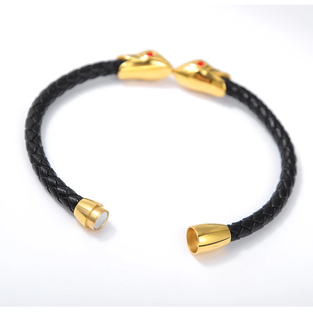 Custom Wholesale Mens Jewelry Braided Leather Stainless Steel Black Double Snake Bangle