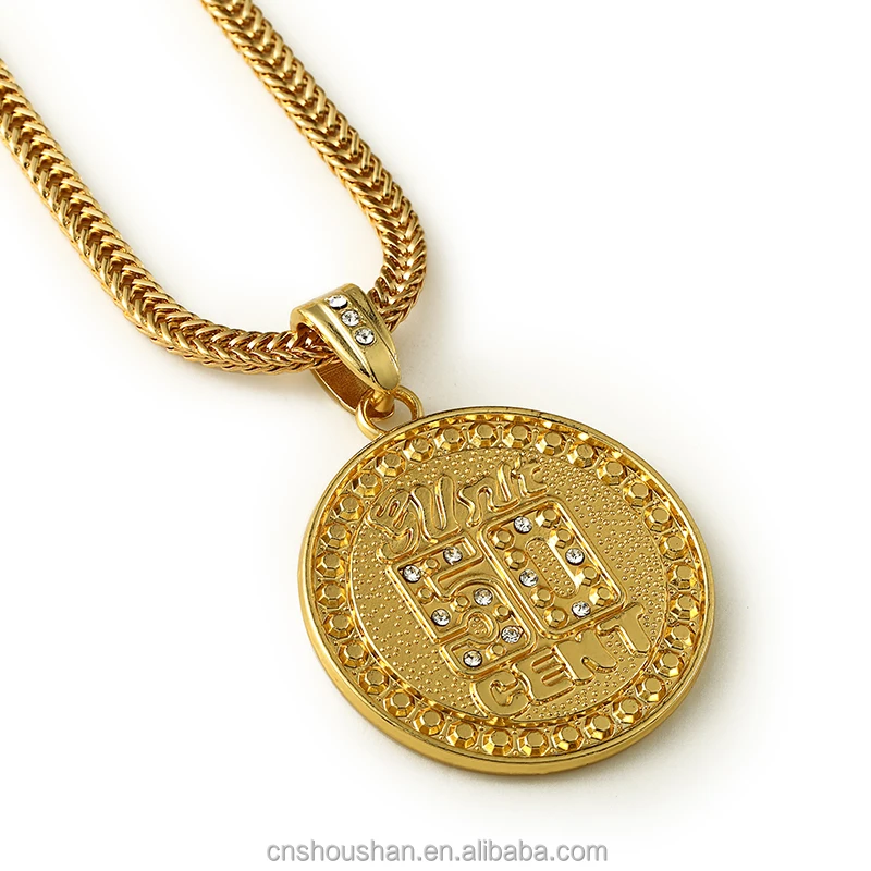 berlapis emas hip hop pria gaya rock bulat 50 cent liontin kalung 50 cent rap rantai kalung berlapis emas hip hop pria gaya rock bulat 50 cent liontin kalung 50 cent rap rantai kalung